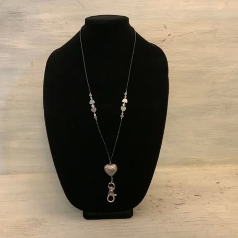 Long Black & Silver Beaded Lanyard Necklace w/ Embossed Heart & Lobster Clasp GC